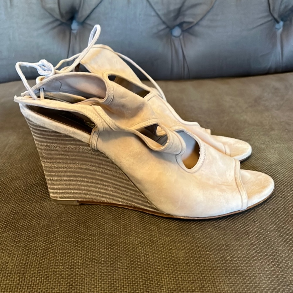Aquazzura light suede open-toe sandals with ankle ties; size 37.5